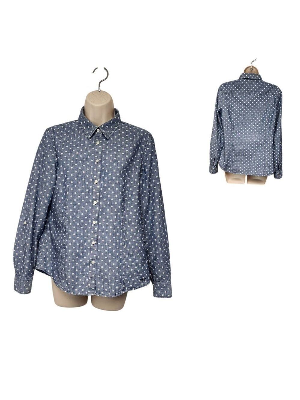 Talbots Chambray Shirt Blue White Polka Dots Roll Tab Long Sleeve Button Up 10